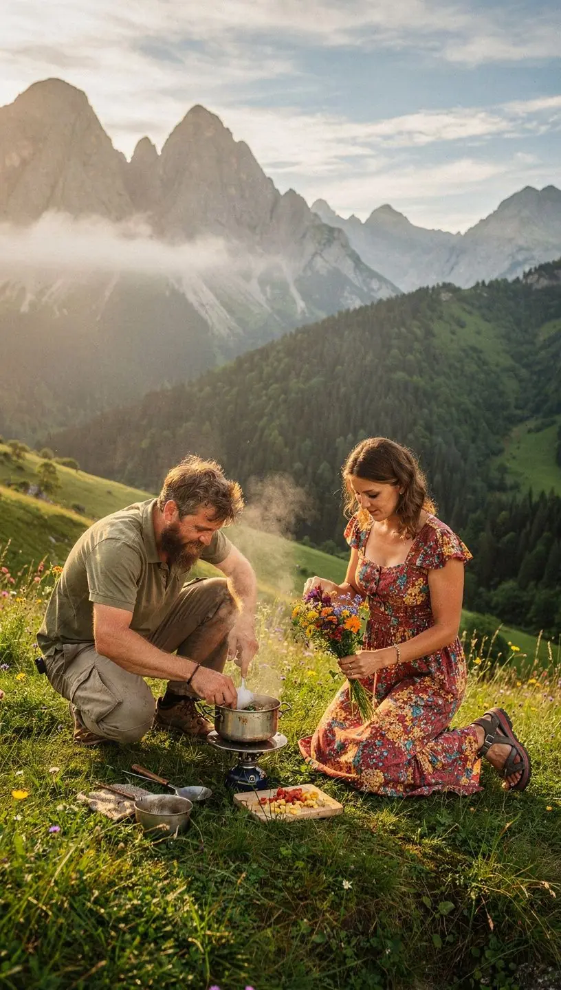 A panoramic shot of a picturesque mountain valley, showcasing vibrant wildflowers in full bloom.